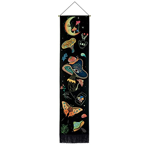 Racunbula Mushroom Tapestry Blacklight Sun Moon Tapestry Vertical Floral Butterfly Tapestry Galaxy Stars Tapestry Hippie Abstract Tapestry Wall Hanging for Bedroom (Moon)
