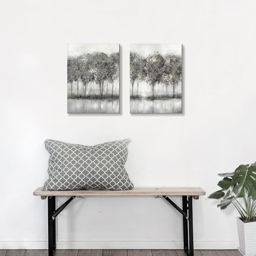 summer melody Green Forest Canvas Wall Art: 2 Pieces Modern Landscape Picture Abstract Tree Painting Rustic Nature Scenery Print Contemporary Countryside Artwork for Living Room Bedroom