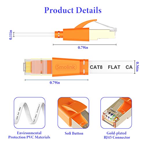 Smolink Ethernet Cable 100 FT, Cat 8 Ethernet Cable 2000Mhz 40Gbps, Internet Cable Professional Flat LAN Cable SFTP Patch Cord with Gold Plated RJ45 Connector for Router Modem, White