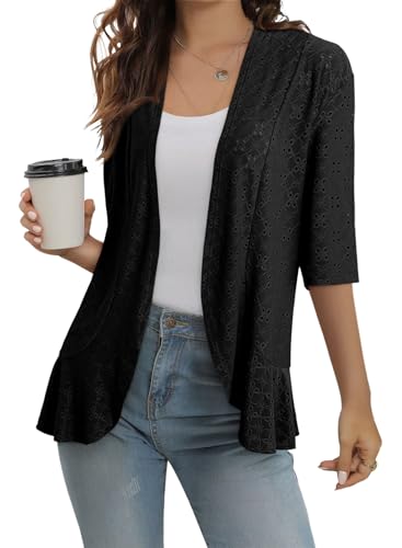 Sidefeel Lightweight Summer Cardigan for Women Spring Fashion 2024 Knit Ruffle Half Sleeve Kimono Cardigans Sweaters Black Small