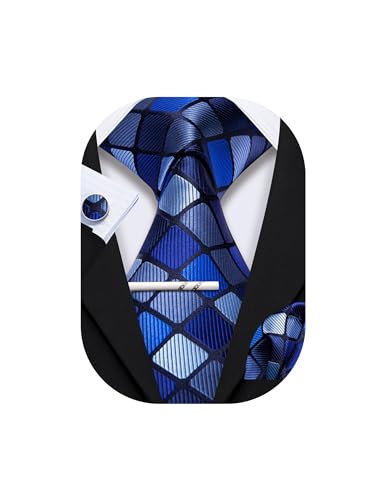 YOHOWA Men Tie Clip Set Plaid Silk Necktie Pocket Square Cufflinks Formal Business Wedding Prom