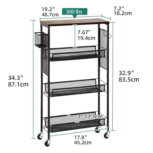 YITAHOME 4-Tier Slim Kitchen Storage Cart, Rolling Spice Rack Next to Fridge, 7.3“ Inch Deep Kitchen Trolley with Wheels, Wood Tabletop & Wire Mesh Baskets, Mobile Narrow Shelf, Black