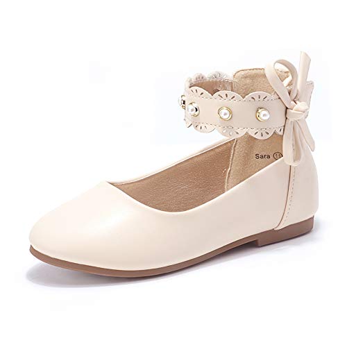 PANDANINJIA Girls Dress Shoes Flower Girl Beige Flats Pearls Ballet Bow Mary Jane Ankle Strap Sara Wedding Party Shoes for Toddler Little Big Kid, Size 4