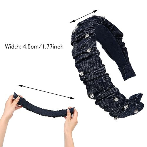 NARUNING Wide brim denim blue headband, women's fashion pleated style headband with rhinestone embellishment, suitable for all girls and women (Dark blue)