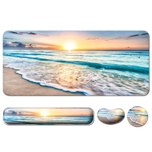 Keyboard Wrist Rest + Mouse Pad with Wrist Support + Desk Mat + Coaster 4 in 1 Set, XXL Large Gaming Mousepad Cute Ergonomic Mouse Pads for Desk Computer Laptop Office Decor-Vector Forest