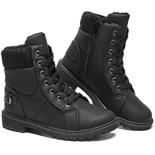 SERNIAL Womens Winter Snow Boots Fur Lined Ankle Boots White Black Side Zipper Booties(Black,US6)