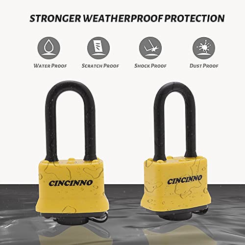 CINCINNO 4 Pack Heavy Duty Covered Laminated Steel Padlocks Keyed Alike, Weatherproof Padlocks with 1-9/16 in. Wide Body, Long Shackle for Gate, Shed, Storage Locker Lock