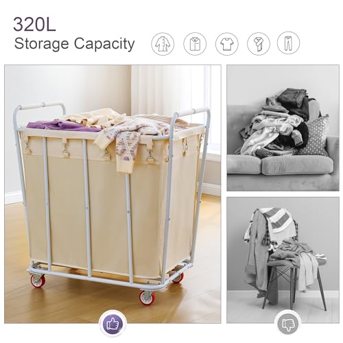 Hoctieon Large Rolling Laundry Hamper with Wheels, Laundry Sorter Cart for Clothes Storage, Durable Laundry Basket with Lockable Wheels, Heavy Duty Clothes Hamper for Laundry & Bedroom, Beige
