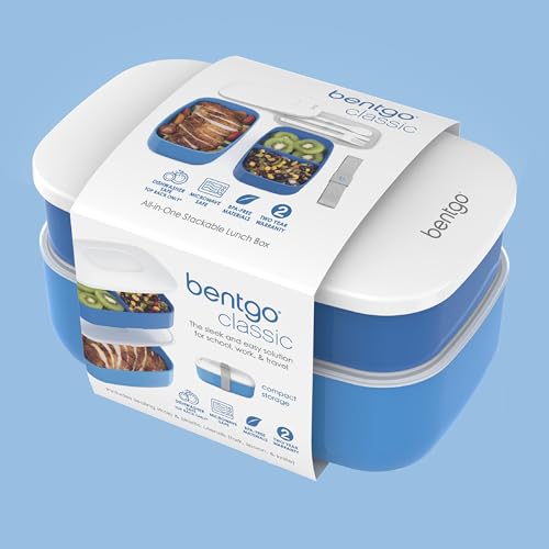 Bentgo Classic - Adult Bento Box, Stackable 3-Compartment Lunch Box with Removable Utensil Set and Sealing Strap, BPA-Free, Food Container Ideal for Meal Prep, Work, and On the Go (Blue)