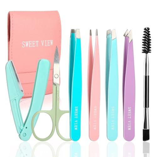 SWEET VIEW 7pcs Eyebrow Tweezers Set for Women Precision Plucker with Brow Scissors & Razor & Spoolie for Facial, Chin,Brow, Splinter and Ingrown Hair
