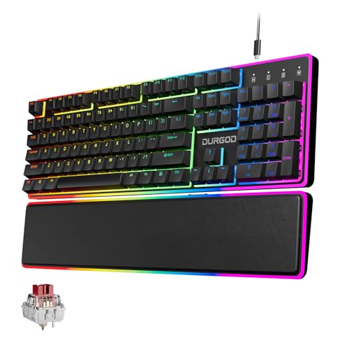 DURGOD TGK021 Mechanical Gaming Keyboard, 104 Keys Wired Keyboard with Magnetic Wrist Rest, RGB Backlit, Hot Swappable Linear Red Switch for PC/Mac/Laptop, Fully Anti-ghosting, Multimedia Keys