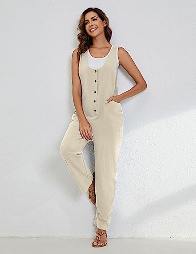 Yeokou Womens Overalls Linen Cotton Jumpsuits Loose Casual Jumpers with Pockets(Beige-S)