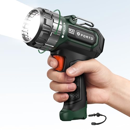 FORTO Compact Rechargeable Spotlight with Adjustable Focus, Handheld Spotlight with Stand, 823m Range, 3 Light Modes and LED Spot Lights Outdoor for Boating Hunting Camping Hiking,1400 Lumens