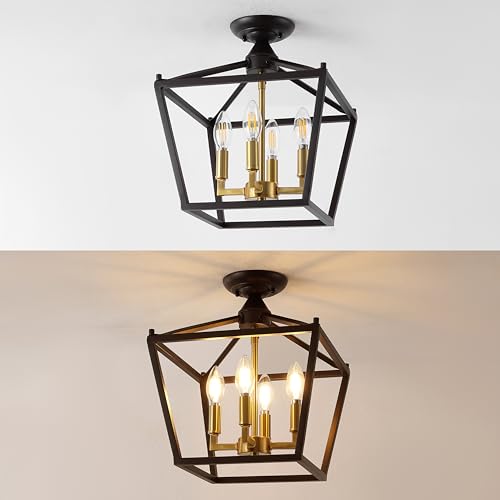 JONATHAN Y JYL7610G Plains Mini Lantern 12" 4-Light Iron Modern Farmhouse LED Flush Mount, Office, Living Room, Family Room, Dining Room, Bedroom, Hallway, Foyer, Oil Rubbed Bronze/Brass Gold