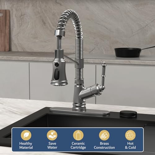 Single Handle Kitchen Sink Faucet with Pull Down Sprayer, Single Level Pull Out Kitchen Faucet, Brushed Nickel