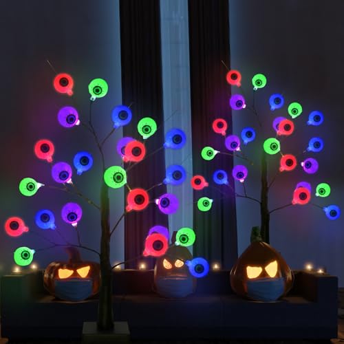 4th of July Decorations Star Tree, 2 Pack 24 Inch Lighted Artificial Birch Tree for Tabletop, 24 LED Red White Blue Star Lights for July 4th Indoor Independence Decor