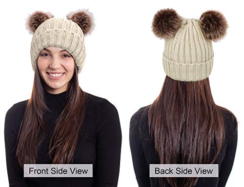Arctic Paw Women Knit Beanie Cable Knit Beanie Hat Faux Fur Pompom Beanie with Ears Red