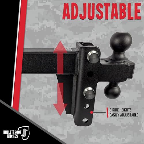 BulletProof Hitches - 2.5" Adjustable Heavy Duty Trailer Hitch (22,000 lb. Rating) - 4" Drop/Rise Trailer Hitch with 2" & 2-5/16" Dual Ball - Powder Coat, Solid Steel, Corrosion-Resistant
