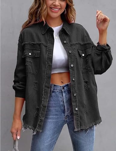 Omoone Women's Ripped Distressed Denim Jacket Casual Long Sleeve Boyfriend Jean Coat Basic Trucker Jackets (3536-Red-S)