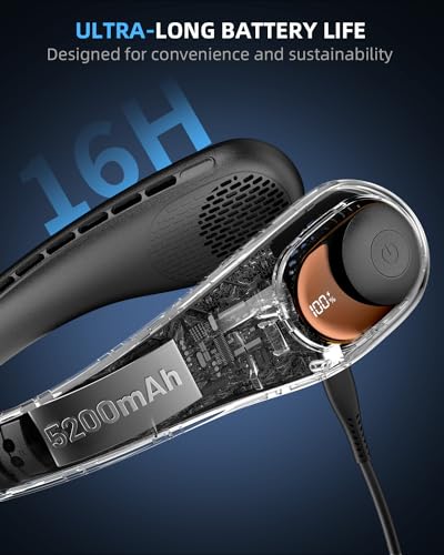JIAGE Neck Fan, Portable Neck Fan Rechargeable, 5200mAh Battery Operated, LED Display, 360-Degree Cooling, 3 Speeds, Quite, Bladeless Design Neck Fans, Personal Neck Cooler, Black