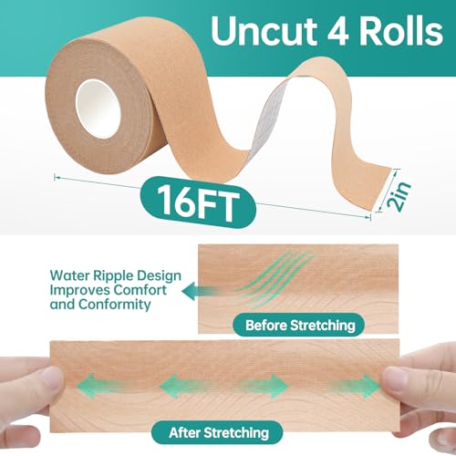 Dimora Uncut Kinesiology Tape - 4 Rolls Pure Cotton Elastic Athletic Tape 65.6 ft in Total, Medical Grade Adhesive Sports Tape for Muscle Pain Relief and Joint Support, Beige