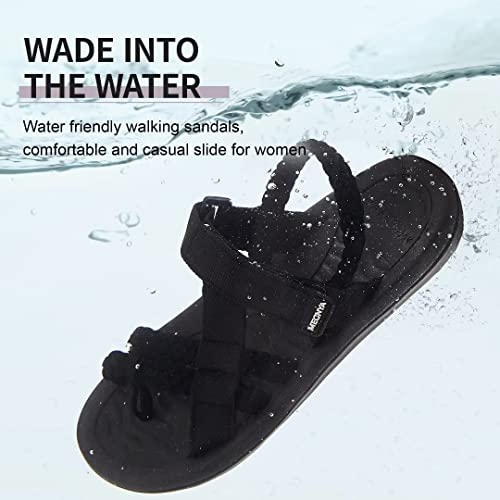 MEGNYA Ladies Supportive Walking Dressy Sandals, Cushion Rubber Insole Sandals for Outdoor Adventure, Comfortable Flip Flop Water Sandals with Cute Hook and Loop Straps Black Grey Size 6