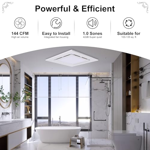 Mmucco Bathroom Exhaust Fan with Light,144 CFM 1.0 Sones Double Switch Ultra Quiet Bathroom Vent Fan Square White for Home Bath Office Hotel LED 15w,Fan 35w 110V