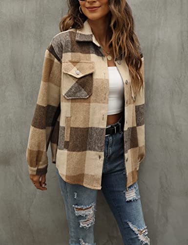 Tanming Womens Flannel Plaid Shacket Wool Blend Button Down Shirt Fall Fashion Jacket (01 Brown, S)