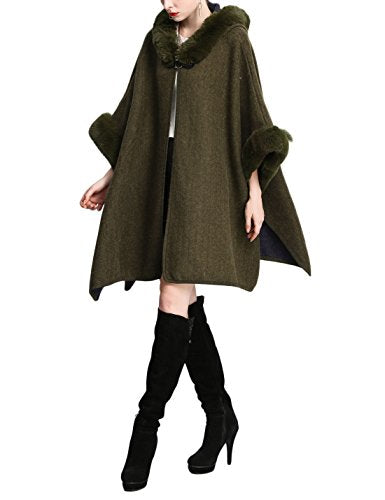 Gihuo Women's Luxury Batwing Sleeve Faux Fur Trim Hooded Cloak Poncho Winter Warm Wool Cape Cardigan Coat (One Size, Army Green)
