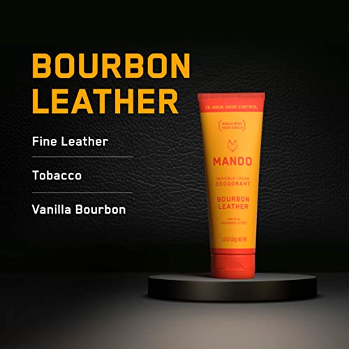 Mando Whole Body Deodorant For Men - Invisible Cream - 72 Hour Odor Control - Aluminum Free, Baking Soda Free, Skin Safe - 3 Ounce Tube (Bourbon Leather)