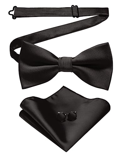 JEMYGINS Black Bow Tie Silk Bowtie and Pocket Square Hankerchief With Cufflinks Sets for Men(2)