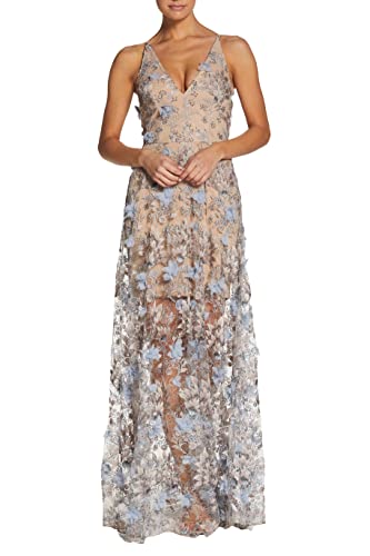 Dress the Population Women's Sidney Sleeveless Plunge Neckline FIT and Flare Maxi Dress, MINRL Blue FLRL, XX-Small