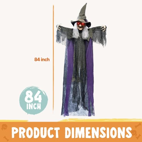 JOYIN 84” Hanging Talking Witch Halloween Decorations Outdoor Decor, Standing Flying Hover Witch Halloween Party Supplies Light Up Eyes Haunted House Front Porch Gard Yard Lawn