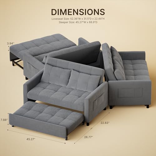 Gizoon 3-in-1 Convertible Sofa Bed, 52" 2-Seater Loveseat Sleeper with Pull Out Couch, Linen Fabric Futon Sofa Bed, Small Sleeper Sofa Cama with Pillows & Pockets for Living Room Apartment, Dark Grey