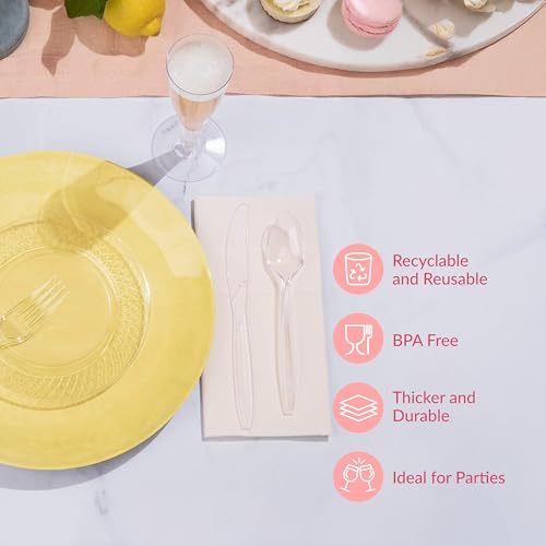 Prestee 300-Piece Plastic Cutlery Set - 100 Each of Clear Plastic Forks, Knives, Spoons - Heavy Duty Silverware for Parties - Disposable Utensils for Weddings and Buffets