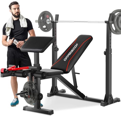 OPPSDECOR Weight Bench Set with Barbell/Squat Rack, 900LBS Heavy Duty Pro Bench Press Set with Leg Curl/Extension and Preacher Curl, Adjustable Full-Body Workout Bench for Home Gym Fitness (Darkred)