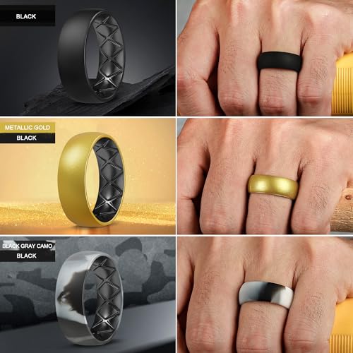 Egnaro Silicone Ring Men 1/4/6/7 Multipack of Breathable Mens Silicone Rubber Wedding Rings Bands with Air Flow Grooves