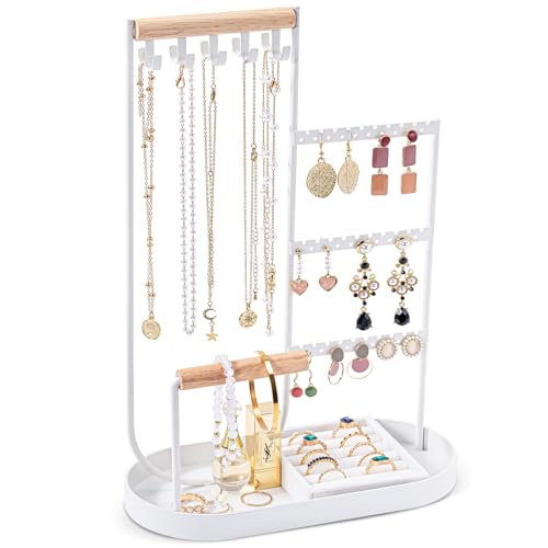 ProCase Jewelry Organizer Jewelry Holder Jewelry Stand with Velvet Ring Tray and Study Metal Frame, Necklace Holder Organizer Bracelet Display Storage Rack for Studs Rings -White
