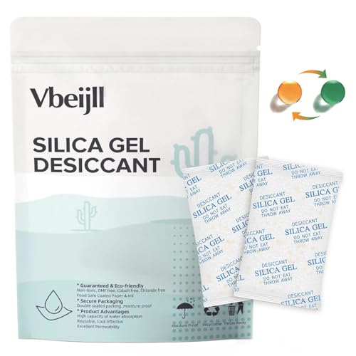 Vbeijll Premium 50 Gram 5 Pcs Desiccant Silica Gel Packets with Color Indicating - Rechargeable Moisture Absorbers for Food Grade Silica Packs for Foods, Seeds, 3D Filaments, Electronics, Safes