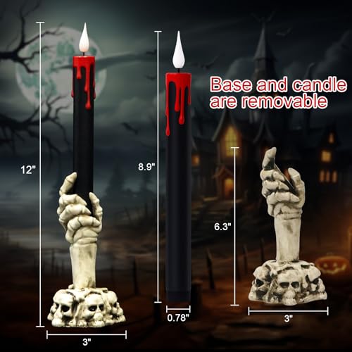 GenSwin Halloween Black Taper Flameless Candles with Ghost Hand Candlesticks and Remote Timer, 2 Pcs Battery Operated Taper Candles with Holder and 3D Flame for Halloween Decor