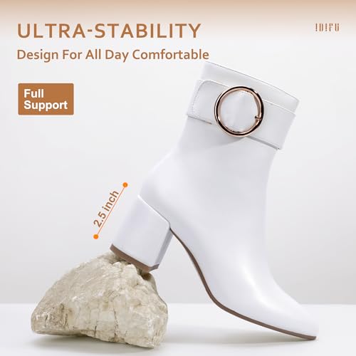 IDIFU Women Dressy Chunky Heel Ankle Boots Pointed Toe Metal Ring Zipper Short Booties -Need Half Size UP (Black Pu, 7)