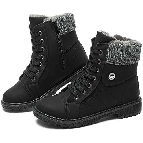FRACORA Women's PU Leather Combat Boots Warm Fur Lined Black Ankle Booties Side Zipper White Boots Non-slip Waterproof Winter Boots(Black.US6)