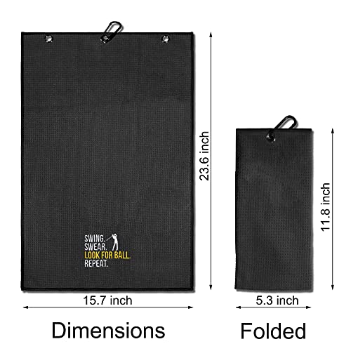TOUNER Funny Golf Towel Gift for Dad, Retirement Gifts for Men Golfer, Funny Golf Towel for Men, Embroidered Golf Towels for Golf Bags with Clip (Swing Swear Look for Ball Repeat)