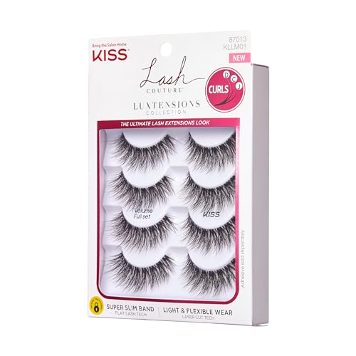 KISS Lash Couture LuXtensions Collection False Eyelashes Multipack, Flat Lash Technology, Super Slim Lash Band, Real Lash Extension Fibers, Reusable Strip Lashes, 'Volume Full Set', 4 Pairs
