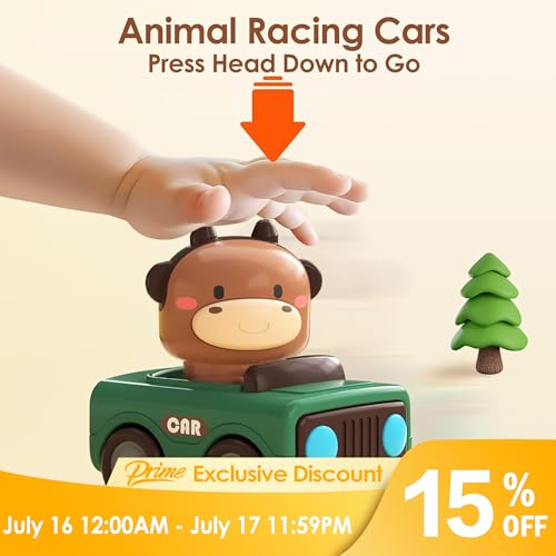 iPlay, iLearn Press and Go Car Toys for Toddlers 1-3, Baby Animal Racing Cars, Infant Play Vehicle Set, Baby Push Go Friction Car Toys for 6-9-12-18 Months, 1st Birthday Gifts for 1-2 Years Old Boys