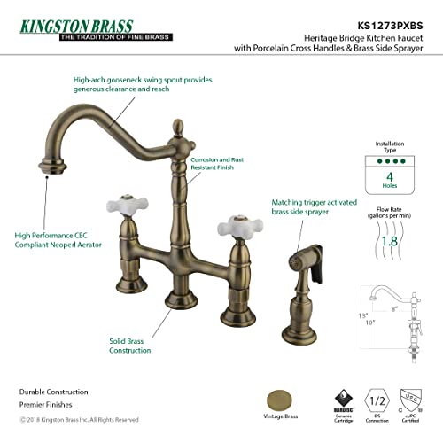 Kingston Brass KS1273PXBS Kitchen Bridge Faucet with Side Sprayer, Antique Brass