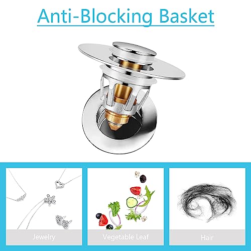 Universal Sink Stopper with Hair Catcher, Faster Drainage, Bathroom Sink Drain Strainer in Brass, Pop Up Drain Cover, Basin Plug for 1.04~1.97 Inch Drain Hole
