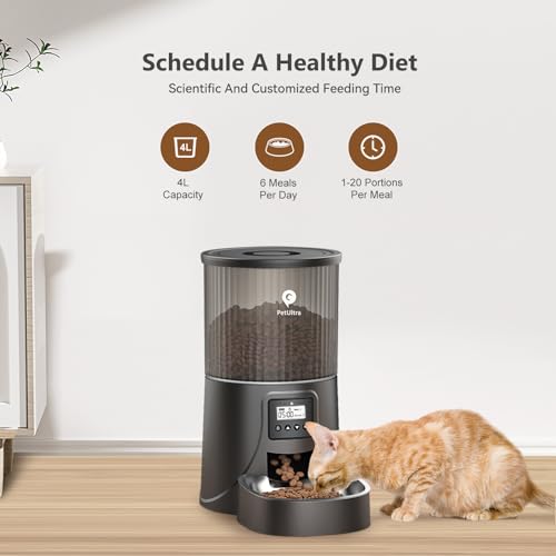PETULTRA Automatic Cat Feeder: 4L Timed Cats Food Dispenser Programmable 1-6 Meal for Cat and Small Medium Dog- Auto Pet Feeder Easy to Set Up Dual Power Supply with Desiccant Bag| Detachable Washable