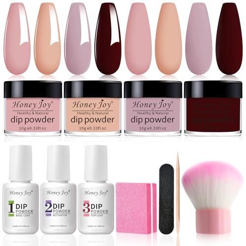 Honey Joy Dip Powder Nail Kit Starter,4 Colors Gentle Nude Brown Pink Neutral Skin Dipping Powder Liquid Set with Base Top Coat for Nail Art Manicure Salon DIY No LED Nail Lamp Needed,Dip-7pcs-07