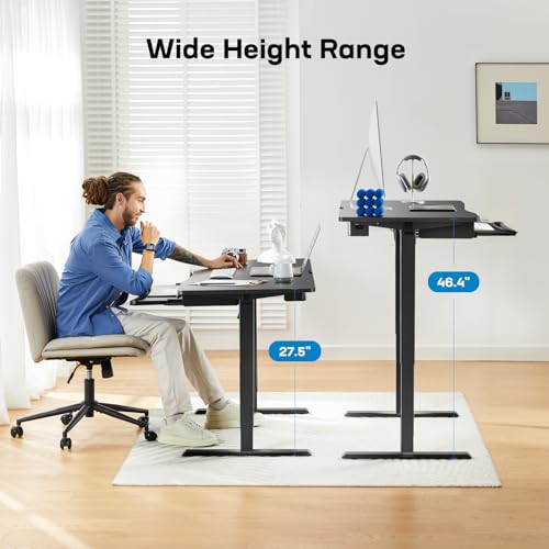 HUANUO 48" x 24" Electric Standing Desk with Large Keyboard Tray(26.7"), Adjustable Height Stand Up Desk for Home Office, 4 Memory Height Settings, 2 Headphone Hooks, Computer Workstation, Black